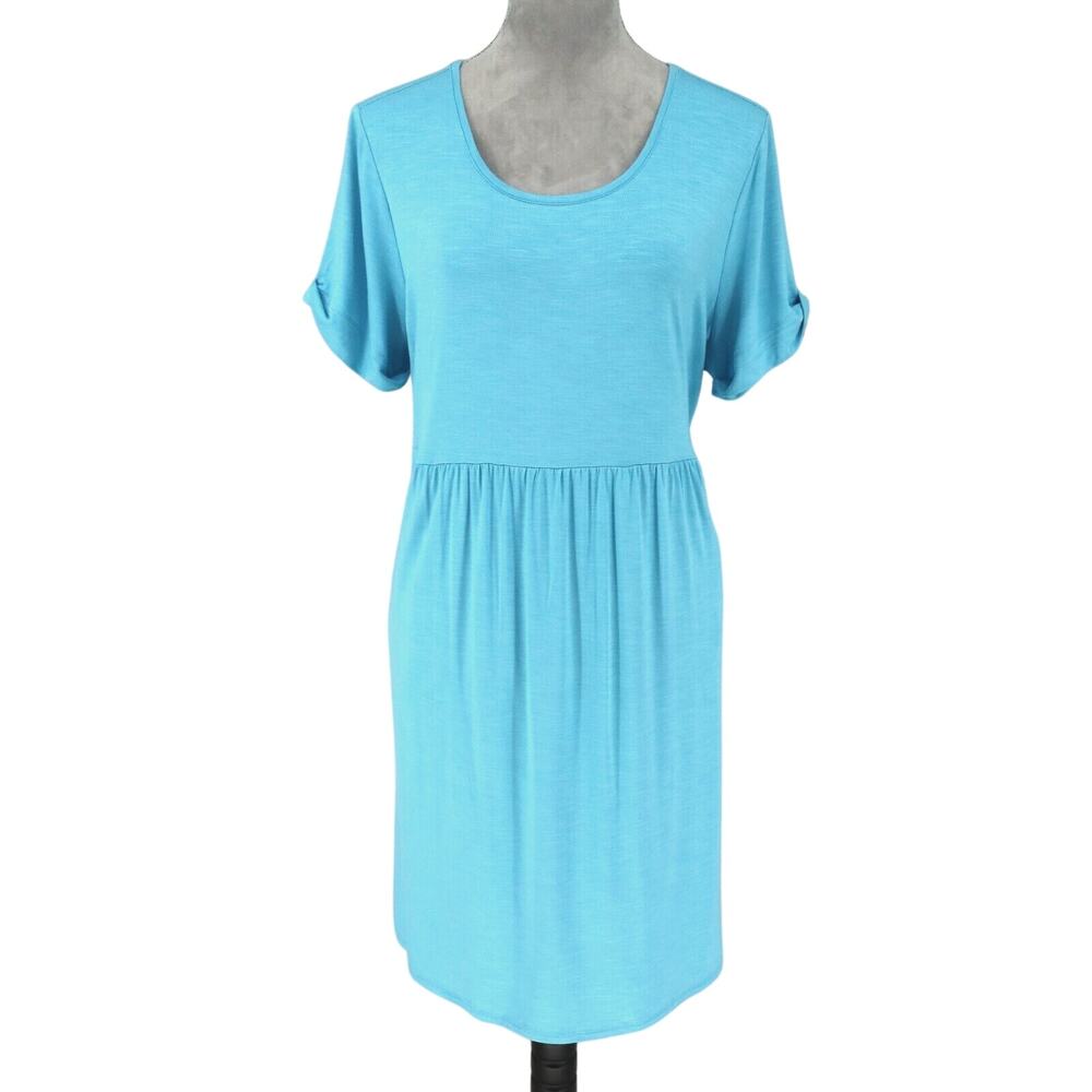 J Jill Dress Petites LP PL Blue Stretch Knit T-shirt Pockets Scoop Neck Casual